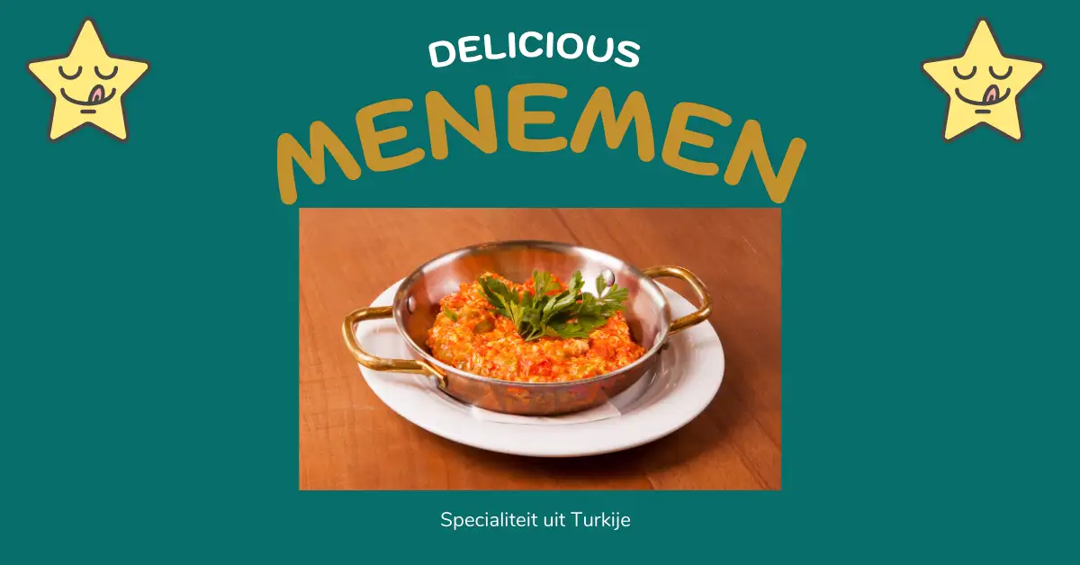 Plaatje van turkse specialiteit "menemen", een roerei met tomaat, ui, groene pepers en kruiden.
